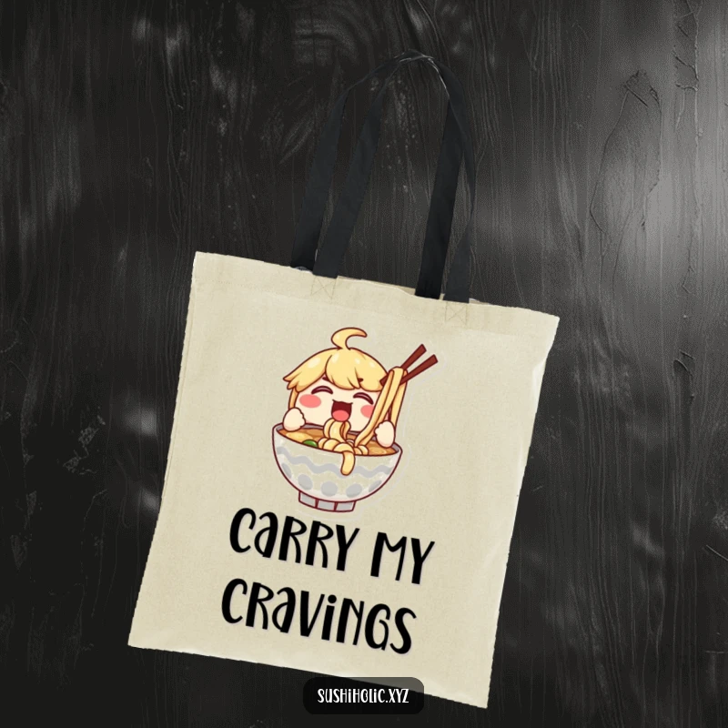 Funny tote bag featuring a delighted ramen bowl character enthusiastically slurping noodles, perfect for foodies on the go.