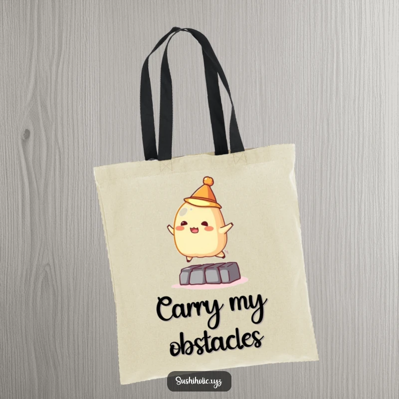 Funny tote bag, mischievous tamago sushi wearing a tiny hat jumping over an obstacle, practical and humorous food accessory.