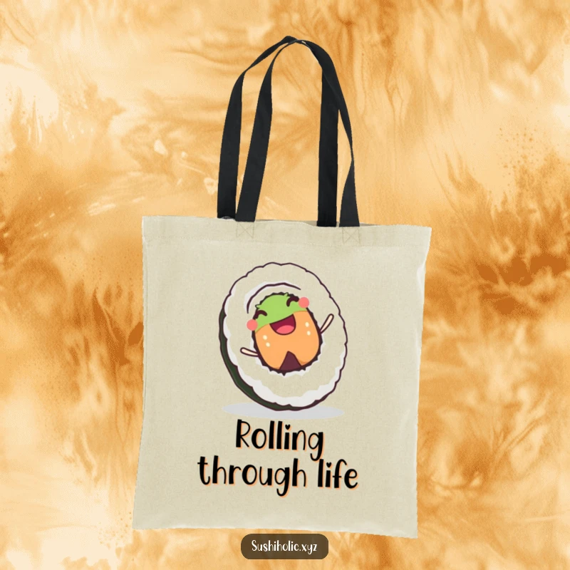 Funny tote bag featuring a joyful sushi roll character rolling downhill with a happy grin, perfect for carrying essentials.